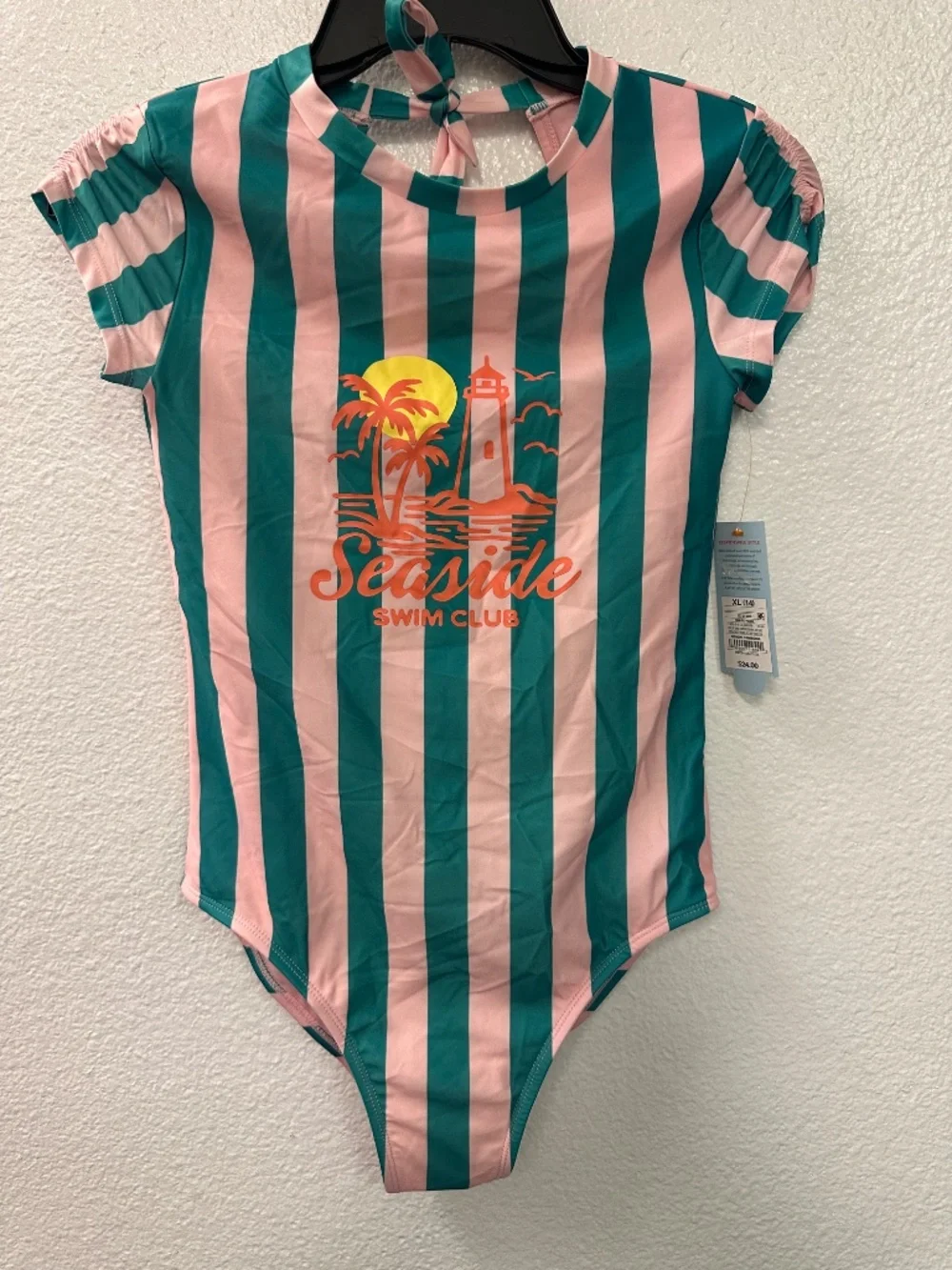 Cat & Jack Girls' 'Seaside Swim Club' Striped One Piece Swimsuit. Sz Girl XL(14)